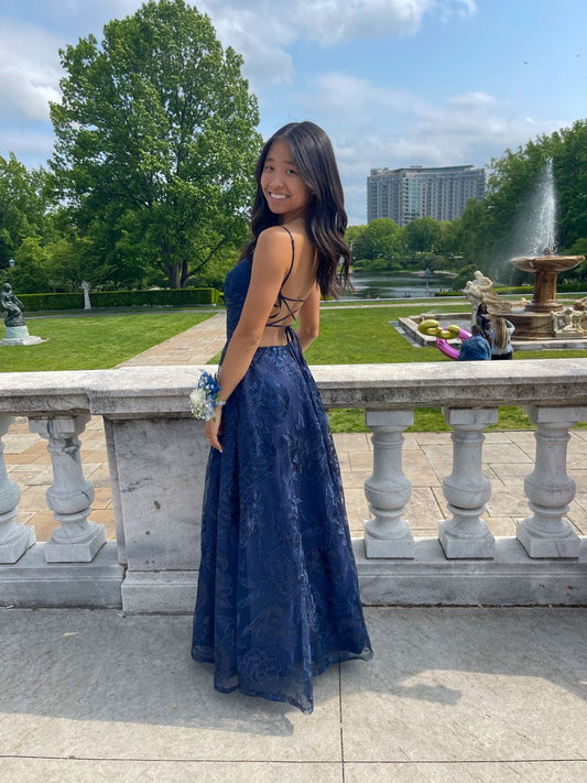 A Line Spaghetti Straps Navy Blue Satin Lace Backless Party Long Prom Dresses AB1609