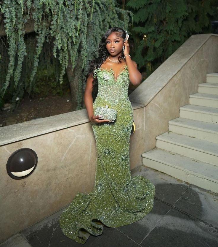 Green Mermaid Long Evening Gown Shinny Prom Dress Inspiration Party Gowns Princess Formal Dress N779