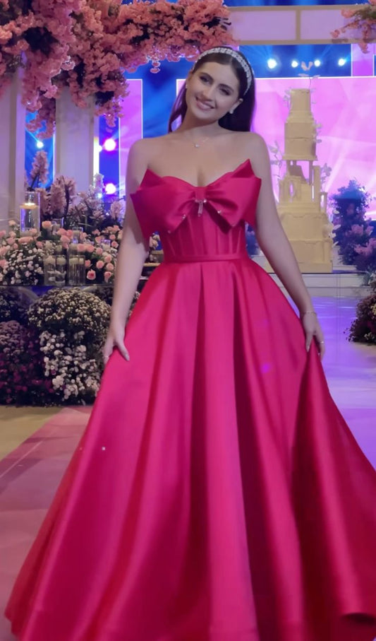 Classy Ball Gown Strapless Hot Pink Satin Floor Length Long Maxi Prom Dresses Graduation 20th Birthday Outfits N108