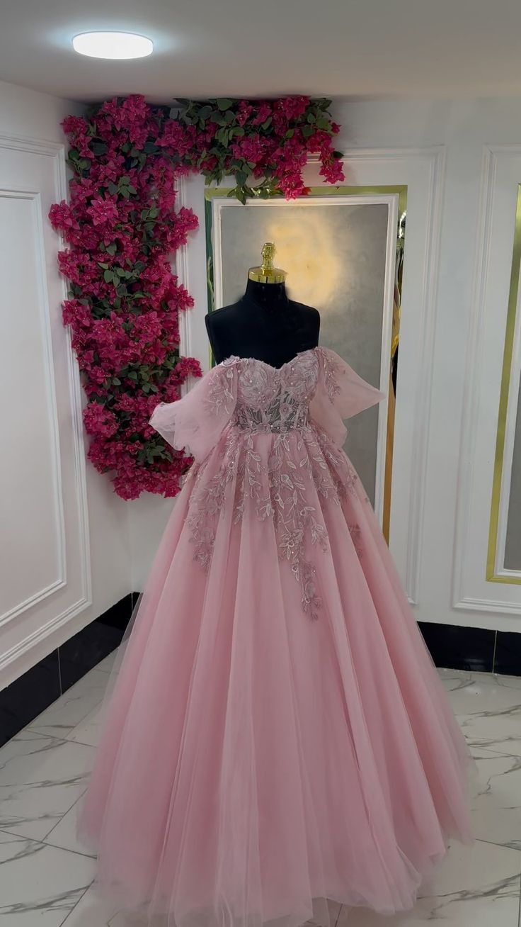 Baby Pink Tulle Prom Dress Ball Gown Off Shoulder Princess Party Dresses RB9473