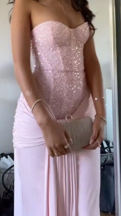 New Arrive Elegant Sweetheart Pink Sequin Long Party Dress Prom Dresses Mermaid Bodycon For Women N4072