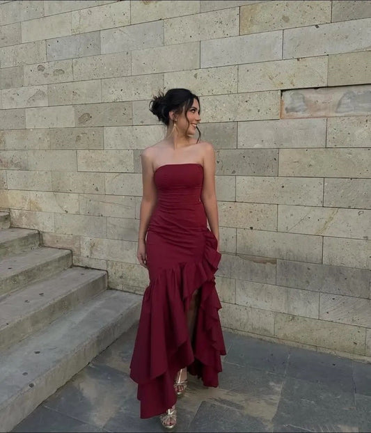 Simple Mermaid Strapless Burgundy Satin With Pleated Long Prom Dresses Formal Dress Party 20th Birthday Outfits N408