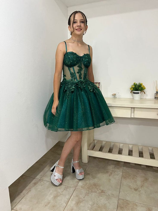Classy Ball Gown Spaghetti Straps Green Mini Short High School Impress Inspo Graduation Dress Homecoming Dresses RB3315