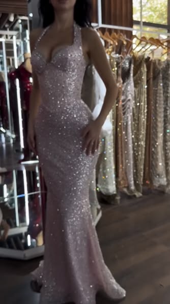 Glitter Halter Pink Long Party Dress Prom Dresses Sequin Mermaid Bodycon For Teens Girls Women N4099