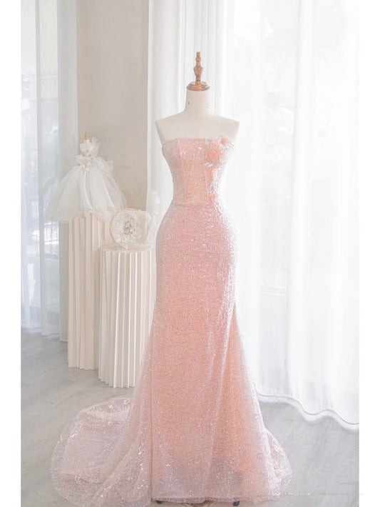 Modest Mermaid Strapless Blush Pink Sequin Long Prom Dresses Graduation Dance Evening Outfits N047