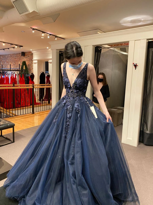 Customized Special Occasion Dress Navy Blue Prom Dresses Luxury Dress A line V Neck Appliques Evening Dresses AB1051