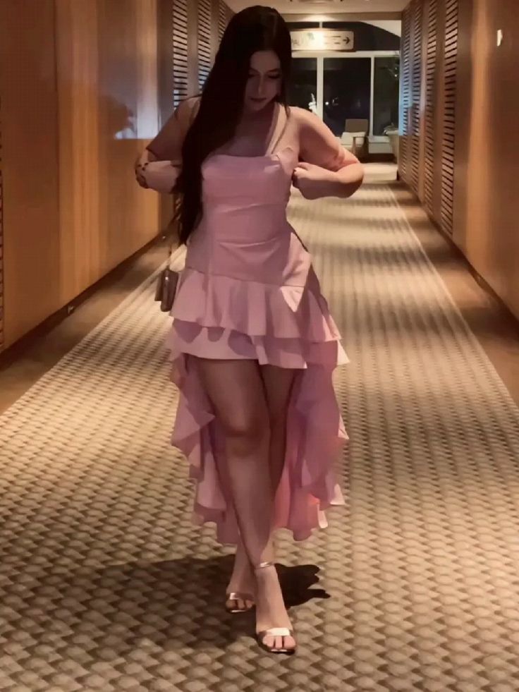 Classy High Low Strapless Pink With Rufffles Maxi Prom Dresses Evening Dress 20th Birthday Outfits N112