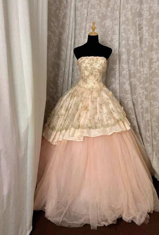 Vintage Ball Gown Strapless Pink Birthday Party Dresses Long Lace Prom Dresses Outfits Formal Dress N534