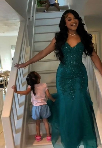 Dark Green Mermaid Tulle Lace Prom Dress Winter Gown Semi Formal Grad Long Prom Dress For Teens AB1994