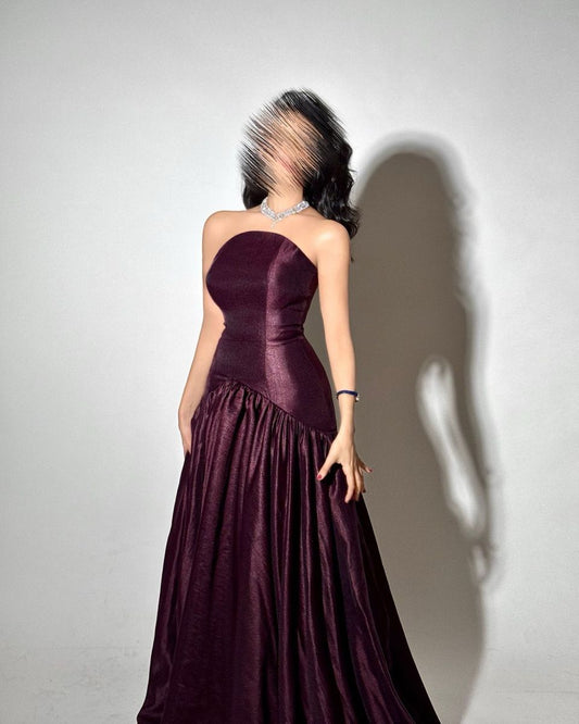 Simple Mermaid Prom Dresses Strapless Burgundy Satin Floor Length Formal Outfits RB4368