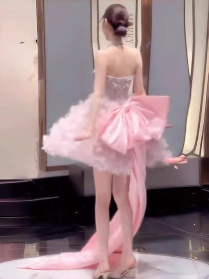Cute Ball Gown Strapless Pink Tulle Short 16th Birthday Dress Homecoming Dresses Cocktail Gown AB2227