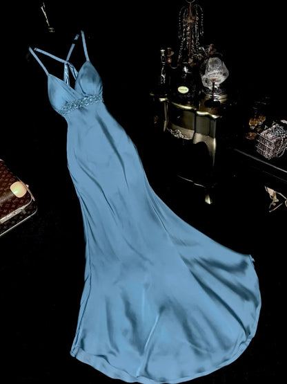 Sophisticated Mermaid Spaghetti Straps Blue Chiffon With Beaded School Dances Prom Dresses 8th Grade Formal Outfits RB8459