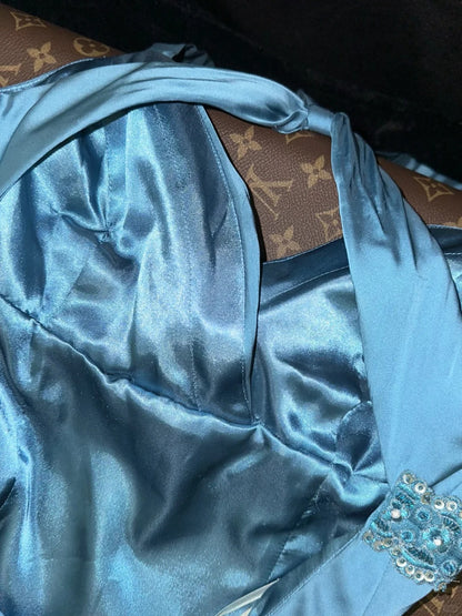 Sophisticated Mermaid Spaghetti Straps Blue Chiffon With Beaded School Dances Prom Dresses 8th Grade Formal Outfits RB8459