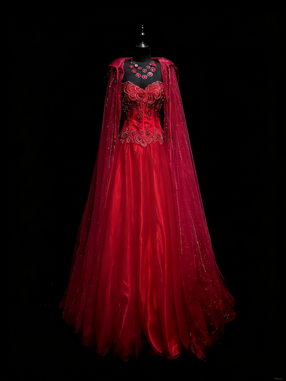 Elegant Ball Gown Sweetheart Red Tulle With Cape Beadings Floor Length Inspiration Long Prom Dresses N1196