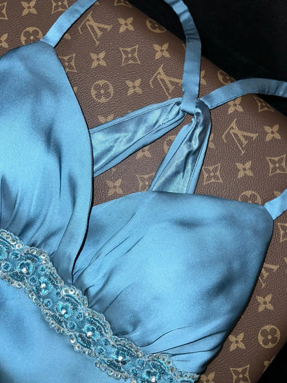Sophisticated Mermaid Spaghetti Straps Blue Chiffon With Beaded School Dances Prom Dresses 8th Grade Formal Outfits RB8459