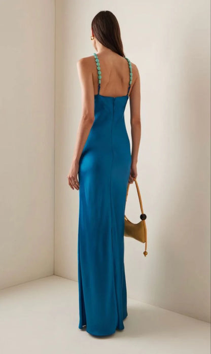 Sexy High Neck Blue Satin Long Prom Dresses Mermaid For Women N4182
