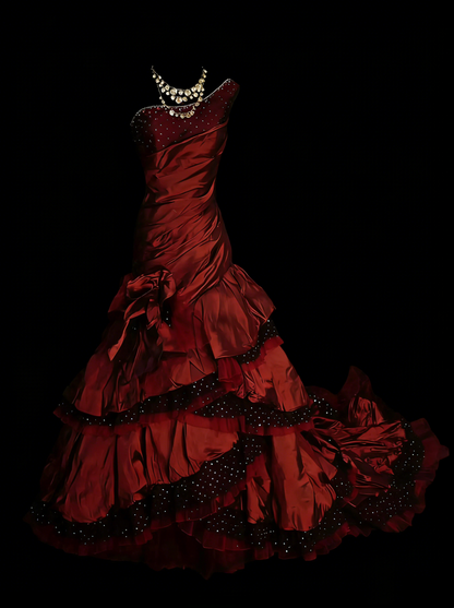 Sweet Mermaid Burgundy One Shoulder With Tiered Layers Ruffles Long Party Gowns Prom Dresses N2230