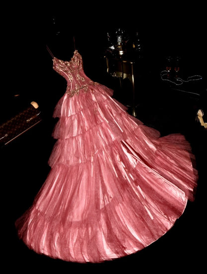 Glamorous Ball Gown Spaghetti Straps Pink Tulle With Beading Split School Dances Prom Dresses 8th Grade Formal Outfits Evening Dress RB8391