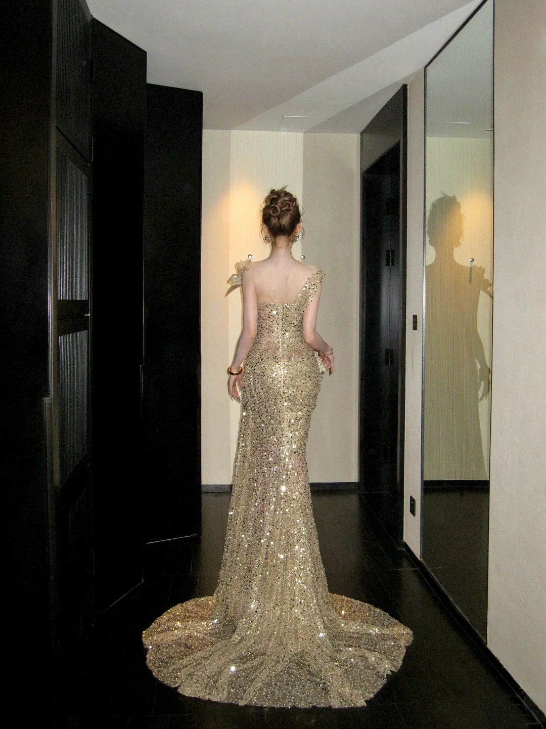 Shiny Mermaid Gold Sequin With Corset Fitted Back Prom Dress Aesthetic Long Graduation Evening Outfits N059