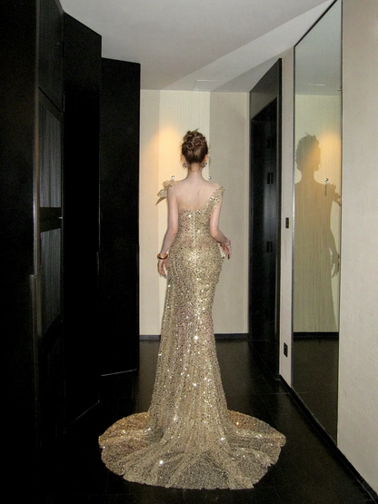 Shiny Mermaid Gold Sequin With Corset Fitted Back Prom Dress Aesthetic Long Graduation Evening Outfits N059