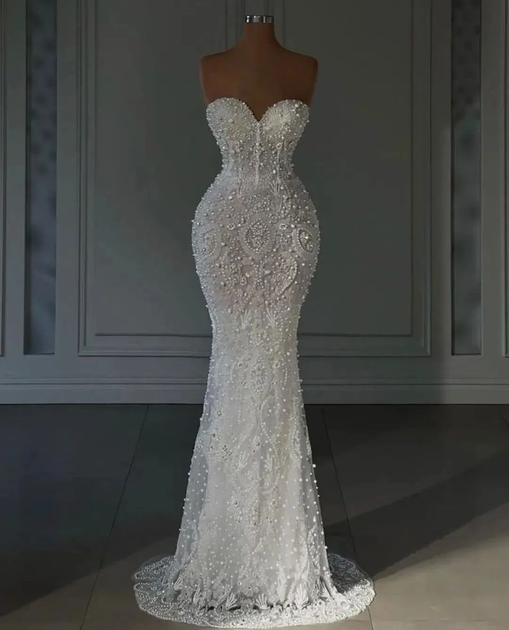 Luxury Mermaid Wedding Dresses For Women Sweetheart Neck Sleeveless Pearls Sequins Sweep Bridal Gown AB970