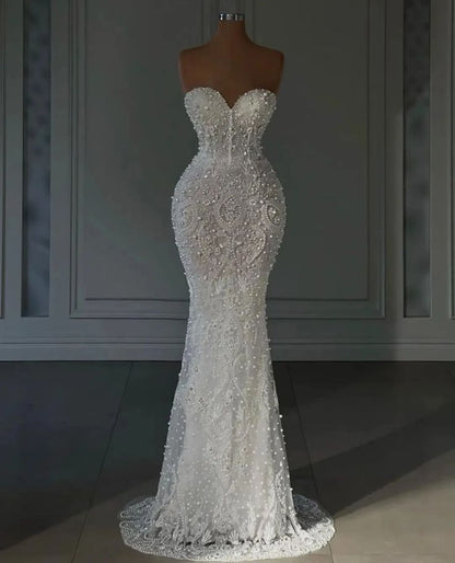 Luxury Mermaid Wedding Dresses For Women Sweetheart Neck Sleeveless Pearls Sequins Sweep Bridal Gown AB970