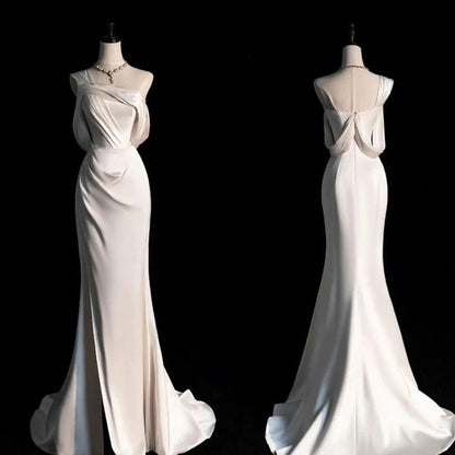 Mermaid Ivory White Satin One Shoulder Pleats Wedding Dress AB973