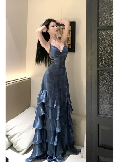 Chic Mermaid Halter Spaghetti Strap Long Prom Dresses Slit Navy Blue Long Formal Dresses N700