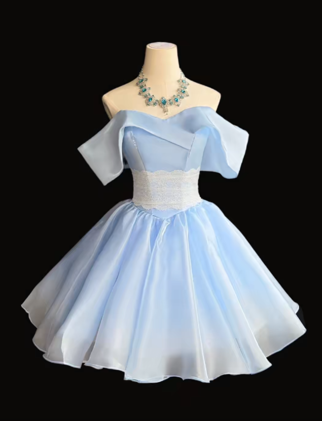Pretty Ball Gown Off The Shoulder Blue Organza Mini Short Party Homecoming Dress Senior High School Ideas Inspo Short Birthday Outfits RB7323