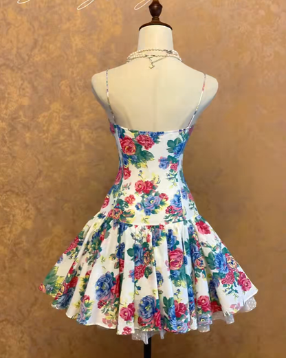 Vintage Hoco Dress A Line Spaghetti Straps Floral Short Homecoming Party Dress RC0036