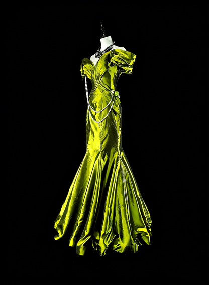 Dreamy Prom Dresses Vintage 90s Retro Off The Shoulder Olive Green Satin Long Formal Outfits N2366