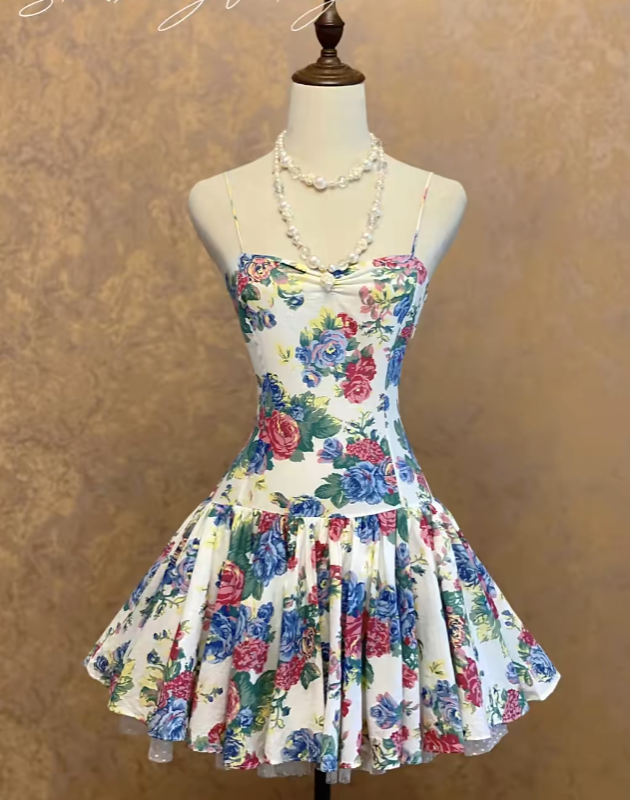 Vintage Hoco Dress A Line Spaghetti Straps Floral Short Homecoming Party Dress RC0036