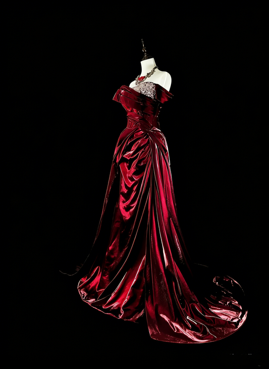 Dreamy Prom Dresses Vintage 90s With Beads Mermaid Off The Shoulder Burgundy Satin Long Formal Outfits N2377