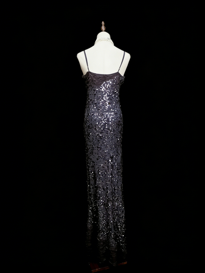 Vintage Fashion Night Aesthetic Mermaid Spaghetti Straps 80s 70s 90s Silver Grey Sequin College Formal Outfit Long Prom Graduation Dresses N1145