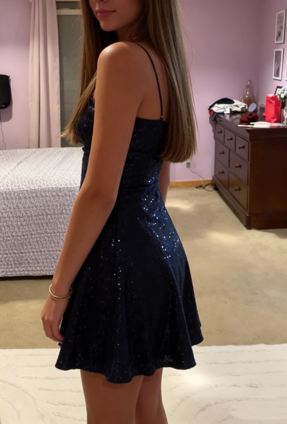 Shiniest Star Sequin Mini Dress A line Navy Blue Sequin Graduation Gowns High School For 8th Grade Homecoming Dress RB3323