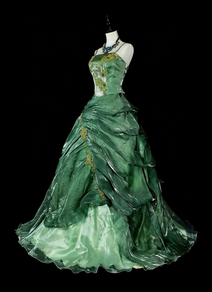 Vintage Prom Dresses Aesthetic Ball Gown Straps Green Organza Long Formal Dress N2154