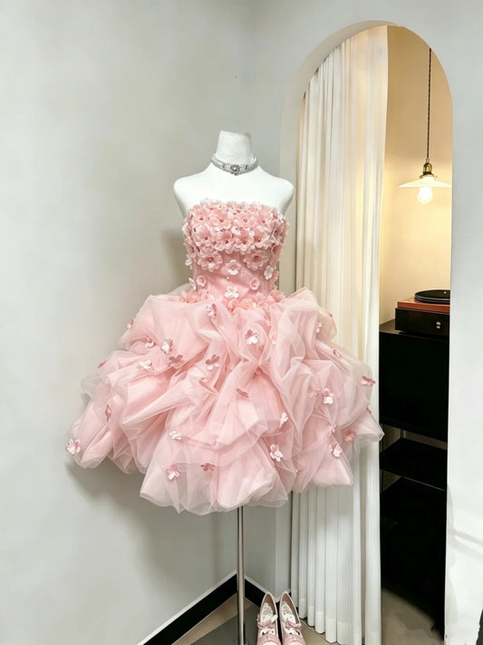 Modest Ball Gown Strapless Pink With Flowers Short Mini Senior Inspo 16th Birthday Outfits Homecoming Dresses RB3974