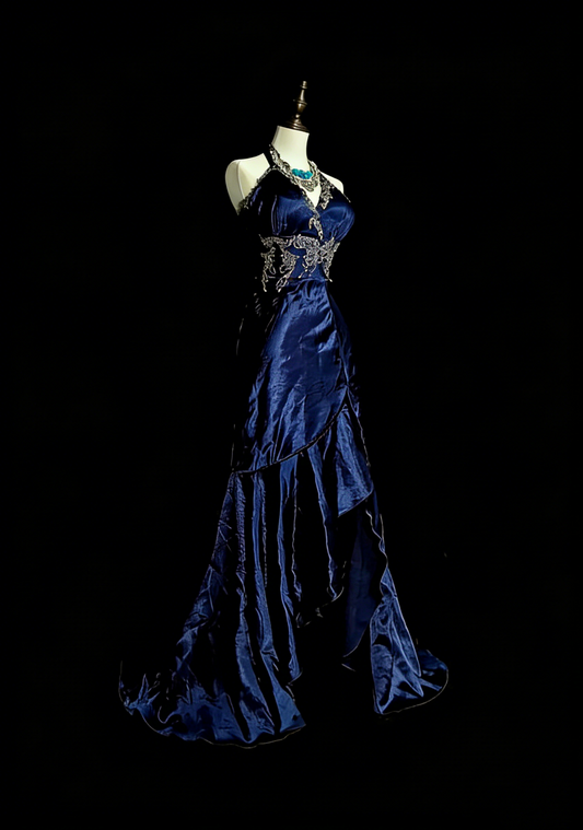 Vintage Mermaid Halter Navy Blue With Beaded Long Summer Black Tie Prom Dresses Spring Formal Party Dress N1421