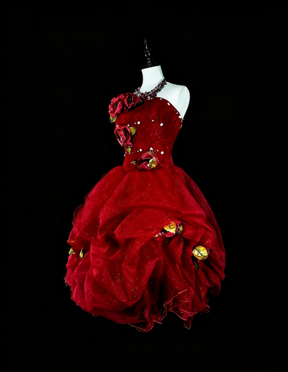 Cute Ball Gown Strapless Burgundy Tullle With 3D Appliques Short Mini Homecoming Dresses N2384