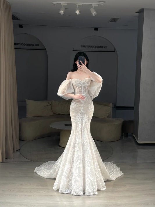 Unique Wedding Dresses Mermaid Off The Shoulder Lace White Long Bridal Gown N3085