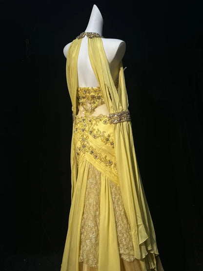 Yellow Prom Dress Inspo Mermaid Halter Chiffon Lace Satin With Beading 18th Birthday Outfits Formal Party Gown RC0117
