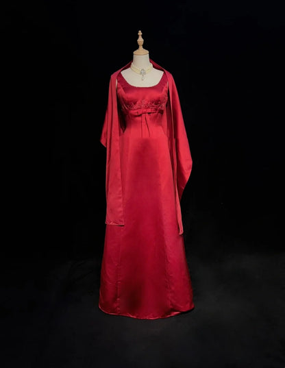 Vintage Prom Dresses Inspo A line Square Neck Red Satin 80s Long Formal Gowns With Cape N2857