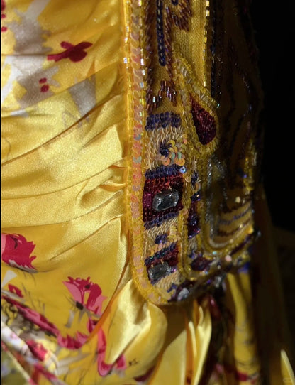 Yellow Prom Dress Inspo Mermaid Spaghetti Straps Floral Satin Long Formal Party Gown RC0097