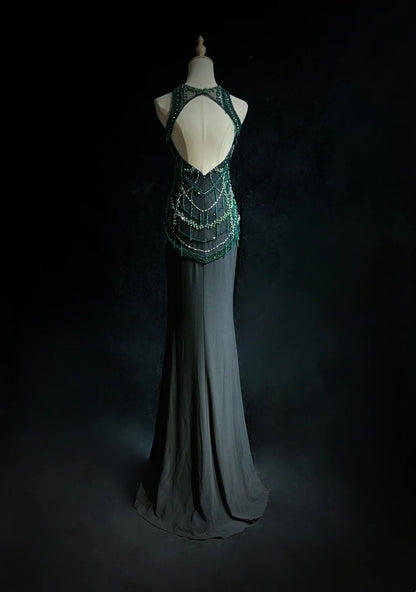 Vintage Prom Dresses Mermaid Scoop With Sparkle Beaded Backless Black 80s Evening Formal Dress RB3270