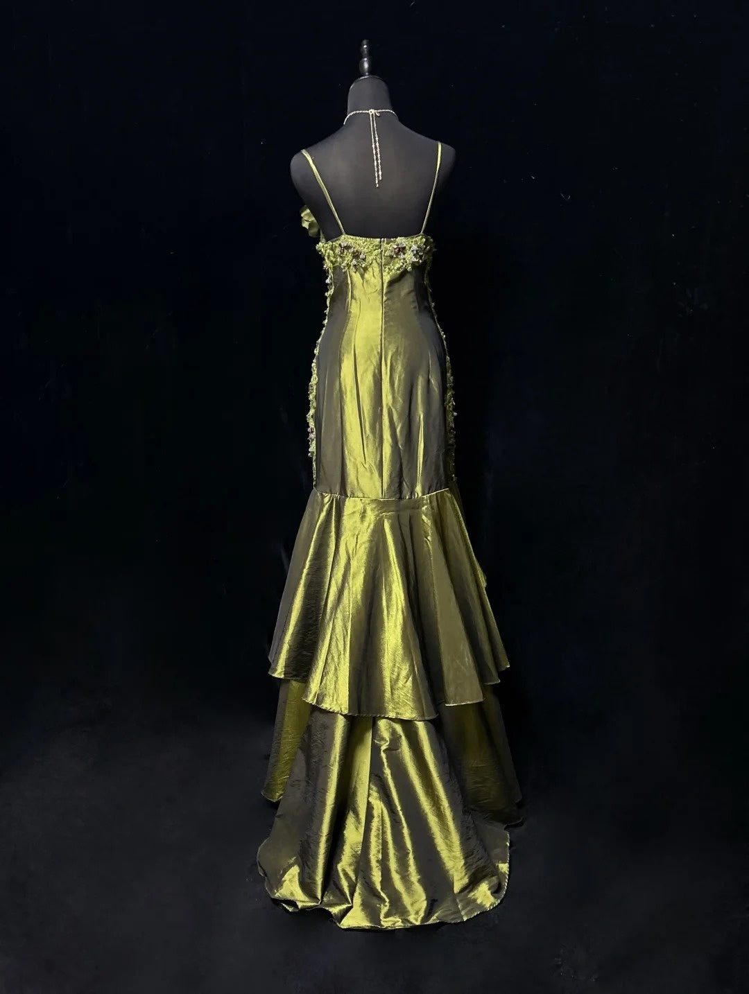 Vintage Mermaid 2000s Spaghetti Strap Olive Green Satin Formal Dress Long Prom Dresses N2575