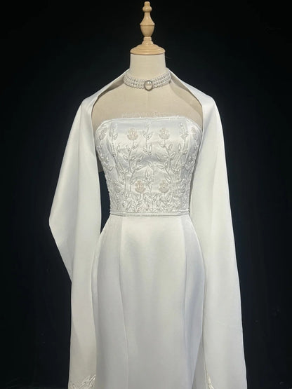 Vintage 90s Wedding Dresses Mermaid Strapless Satin White Beading Summer Garden Long Bridal Gown N3823