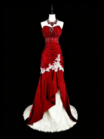 Vintage Prom Dresses Mermaid Sweetheart Burgundy Satin With White Lace Long Formal Dress N2377