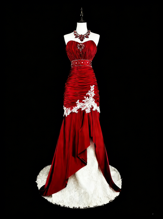 Vintage Prom Dresses Mermaid Sweetheart Burgundy Satin With White Lace Long Formal Dress N2377