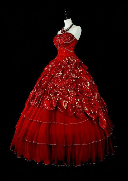 Cute Ball Gown Strapless Burgundy With Tiered Layers Ruffles Long Party Gowns Prom Dresses N2147