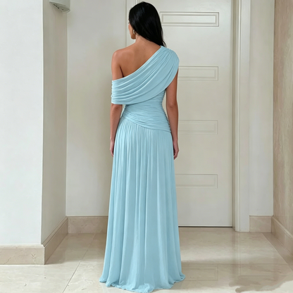 Women's Cocktail Party Gowns Sheath One Shoulder With Pleated Ruched Light Sky Blue Long Graduation Dinner Outfits Prom Dresses AB1872